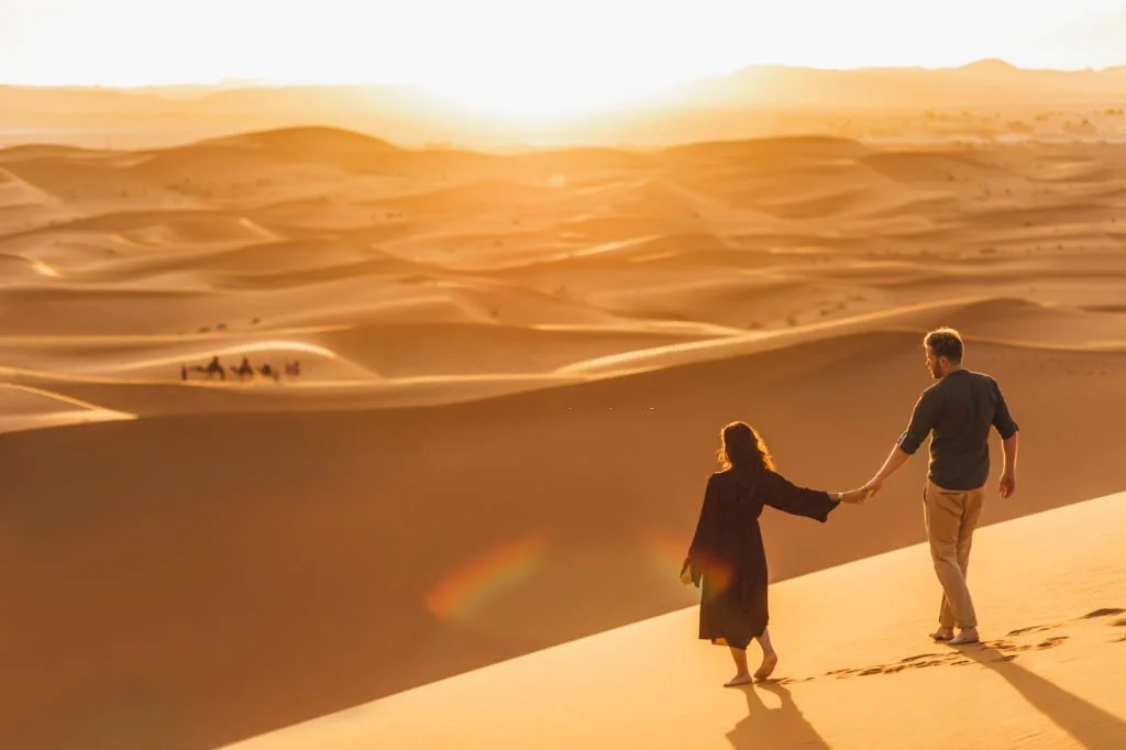 Romantic sunset walk in the Morocco desert at Merzouga – DiscoverMoroccoNow Sahara adventure